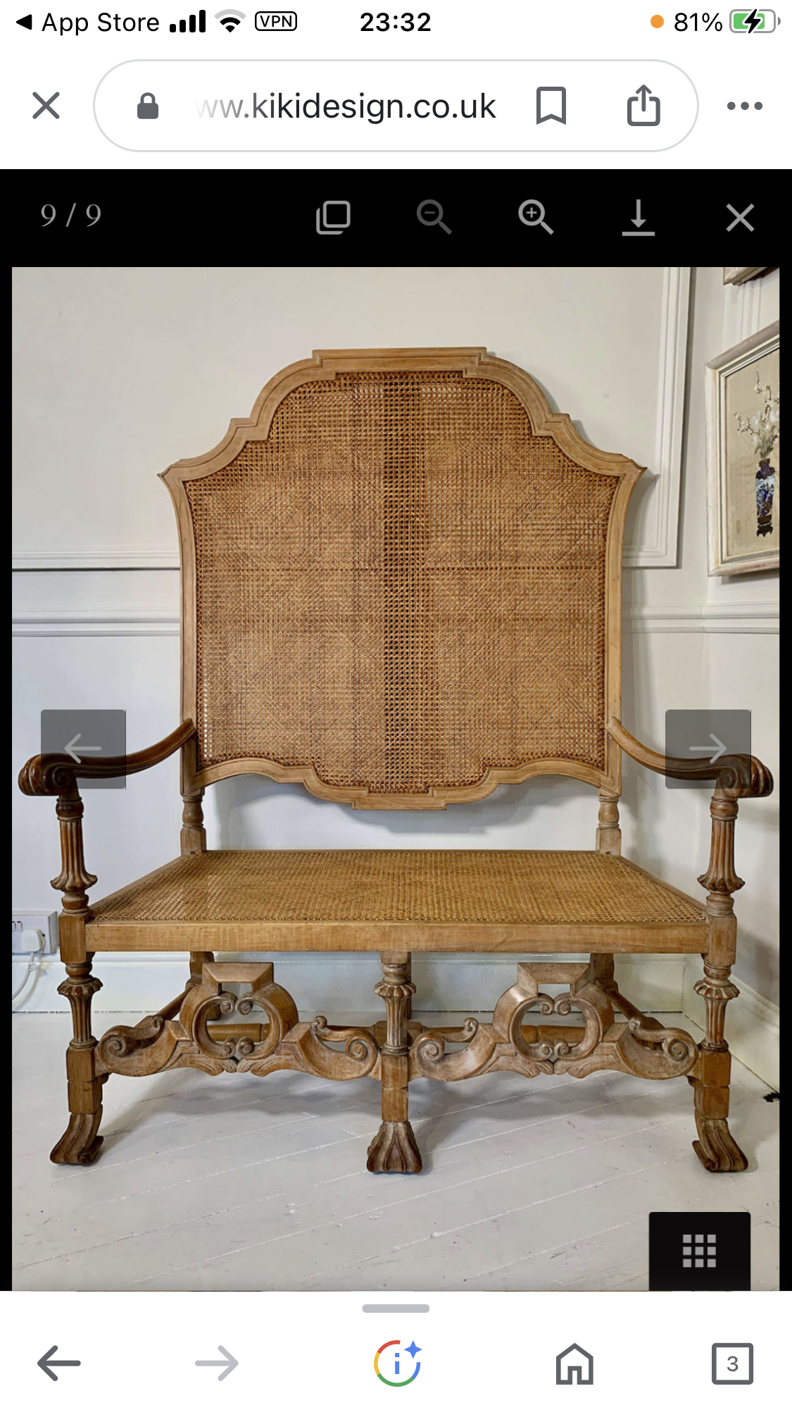 An Italian high quality hand carved Walnut and cane love seat chair.