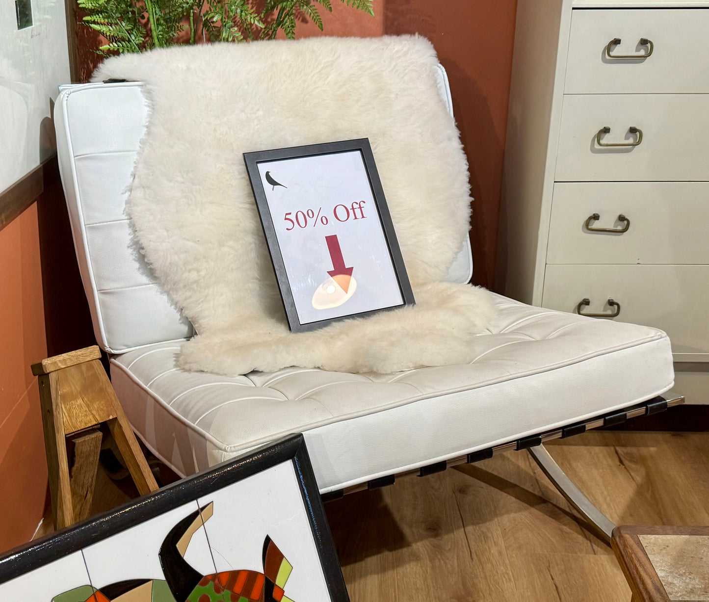 White leather Barcelona style chair