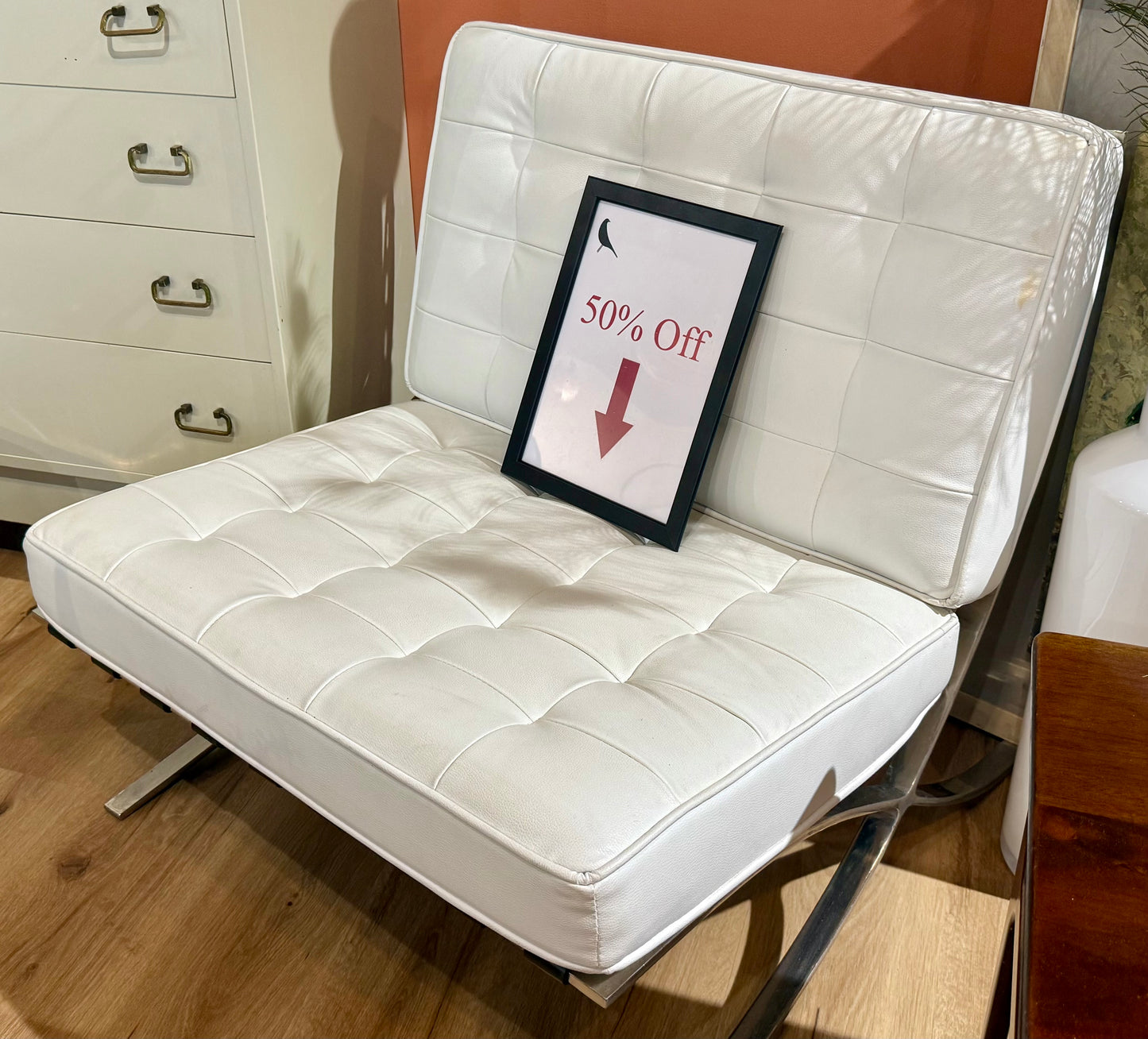 White leather Barcelona style chair