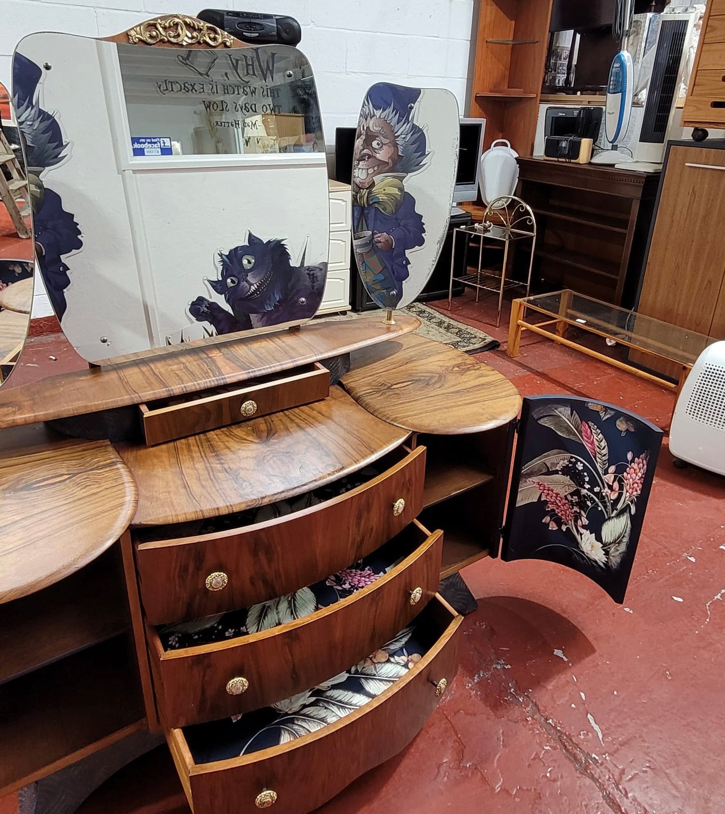 Matched Walnut Veneer Art Deco Upcycled Drinks Cabinet, Sideboard, dressing table