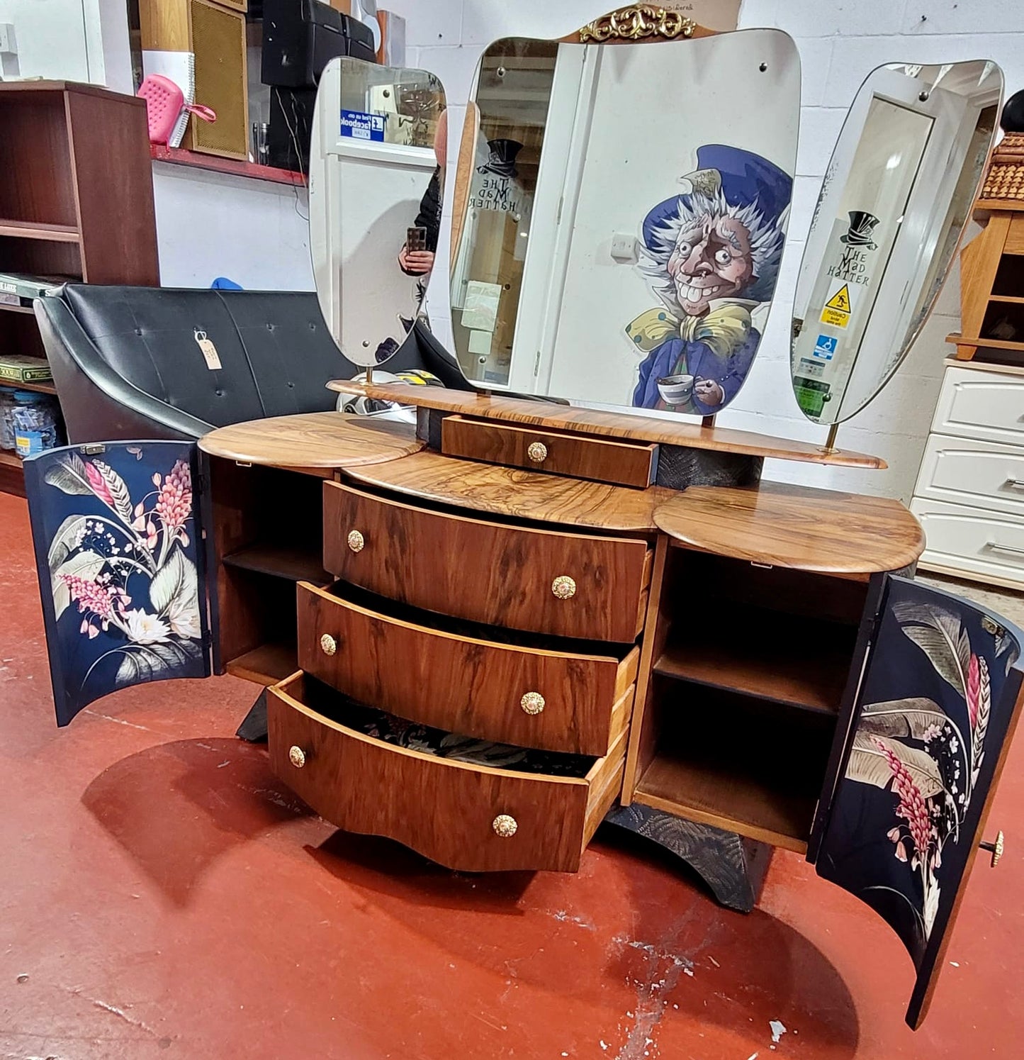 Matched Walnut Veneer Art Deco Upcycled Drinks Cabinet, Sideboard, dressing table