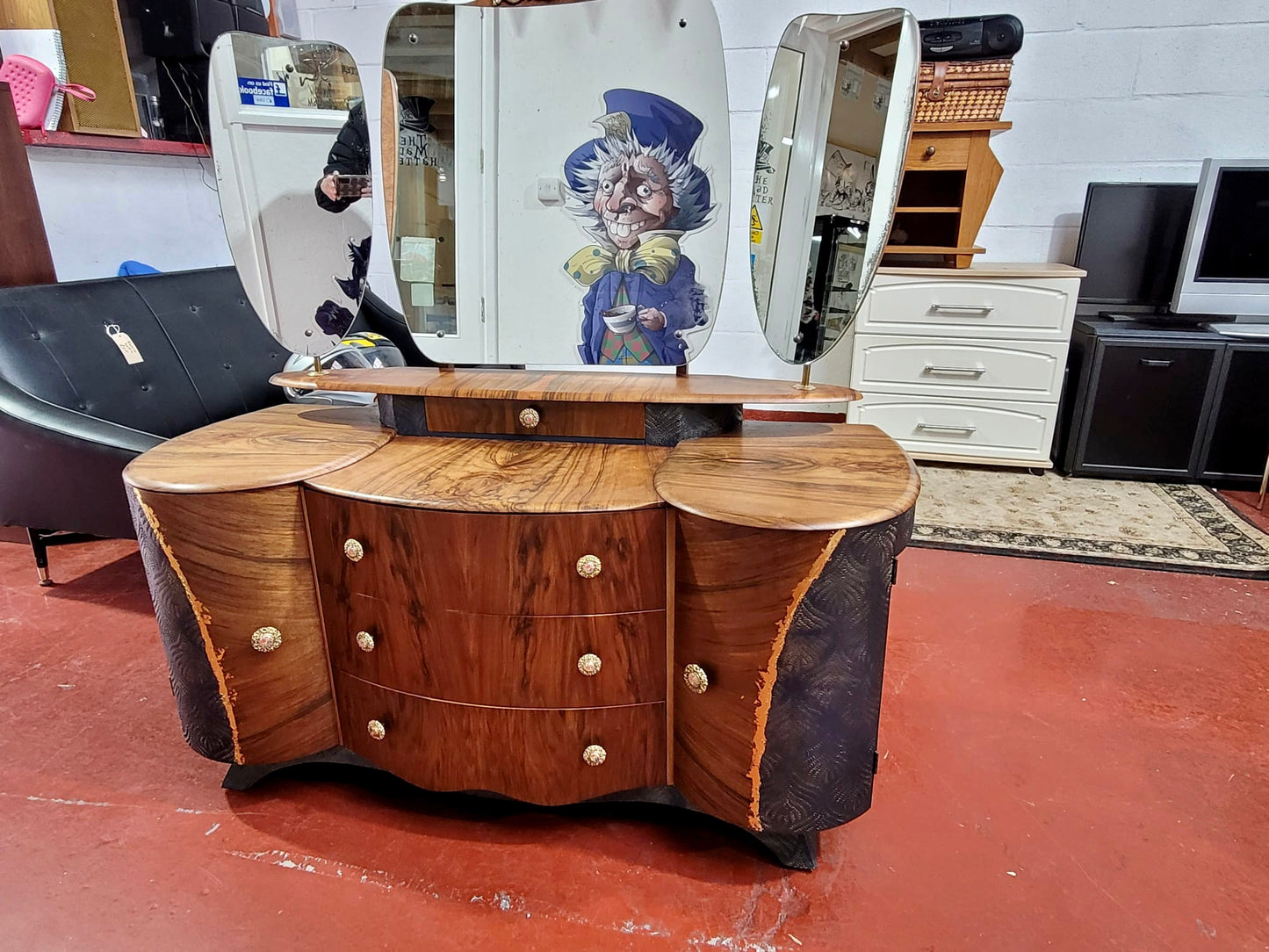 Matched Walnut Veneer Art Deco Upcycled Drinks Cabinet, Sideboard, dressing table