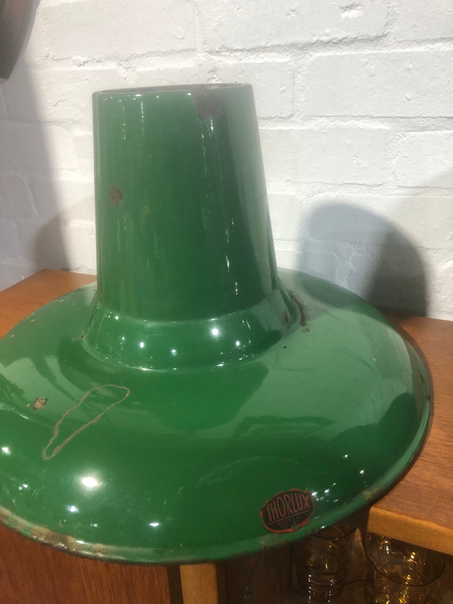 Thorlux Green Enamel industrial light shades.