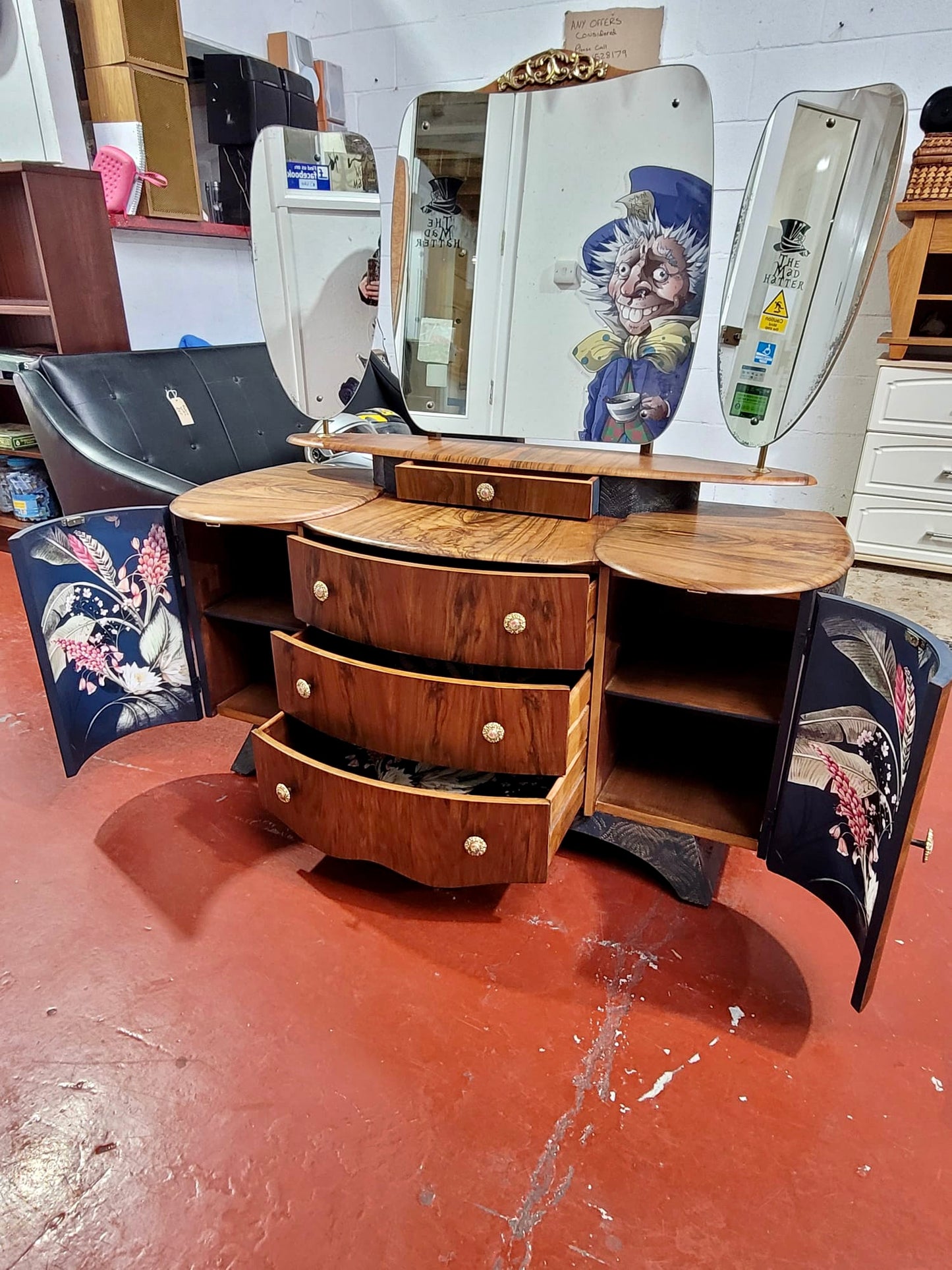 Matched Walnut Veneer Art Deco Upcycled Drinks Cabinet, Sideboard, dressing table