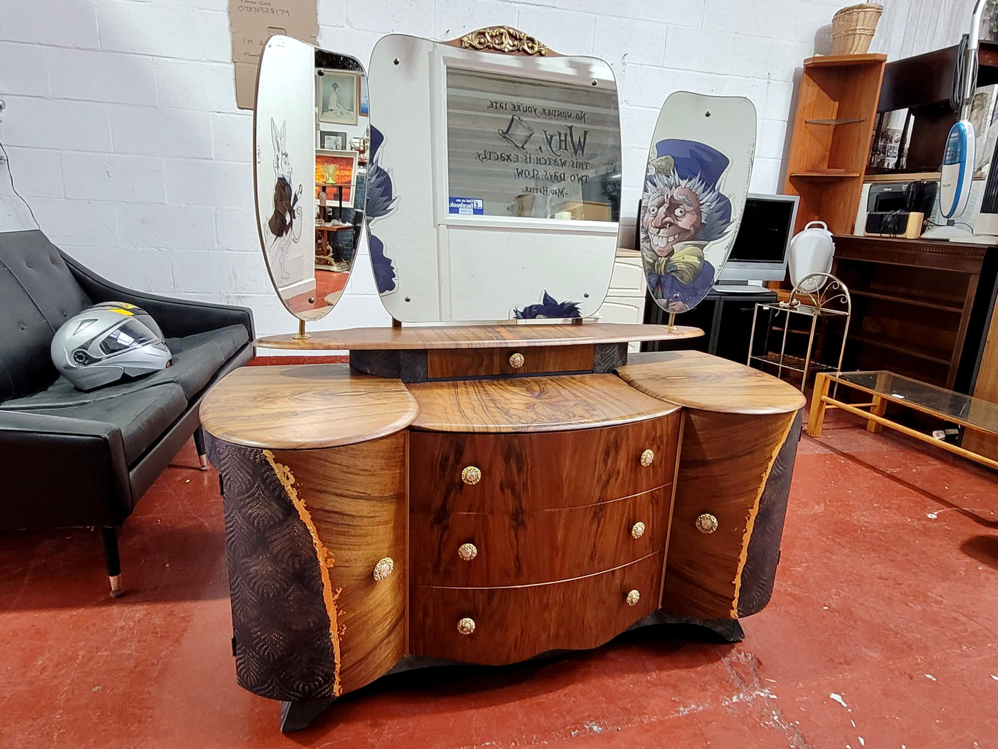 Matched Walnut Veneer Art Deco Upcycled Drinks Cabinet, Sideboard, dressing table