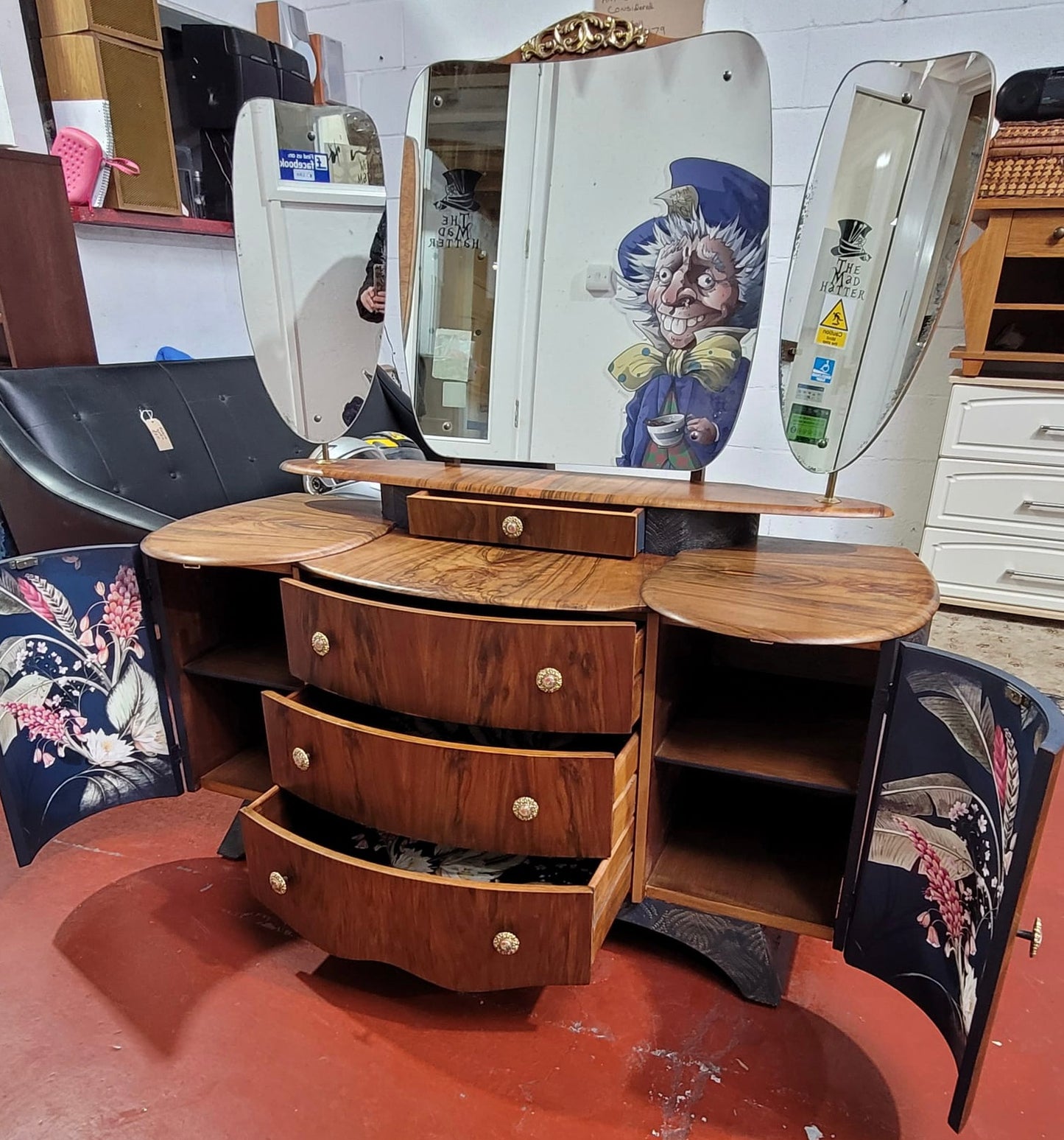 Matched Walnut Veneer Art Deco Upcycled Drinks Cabinet, Sideboard, dressing table