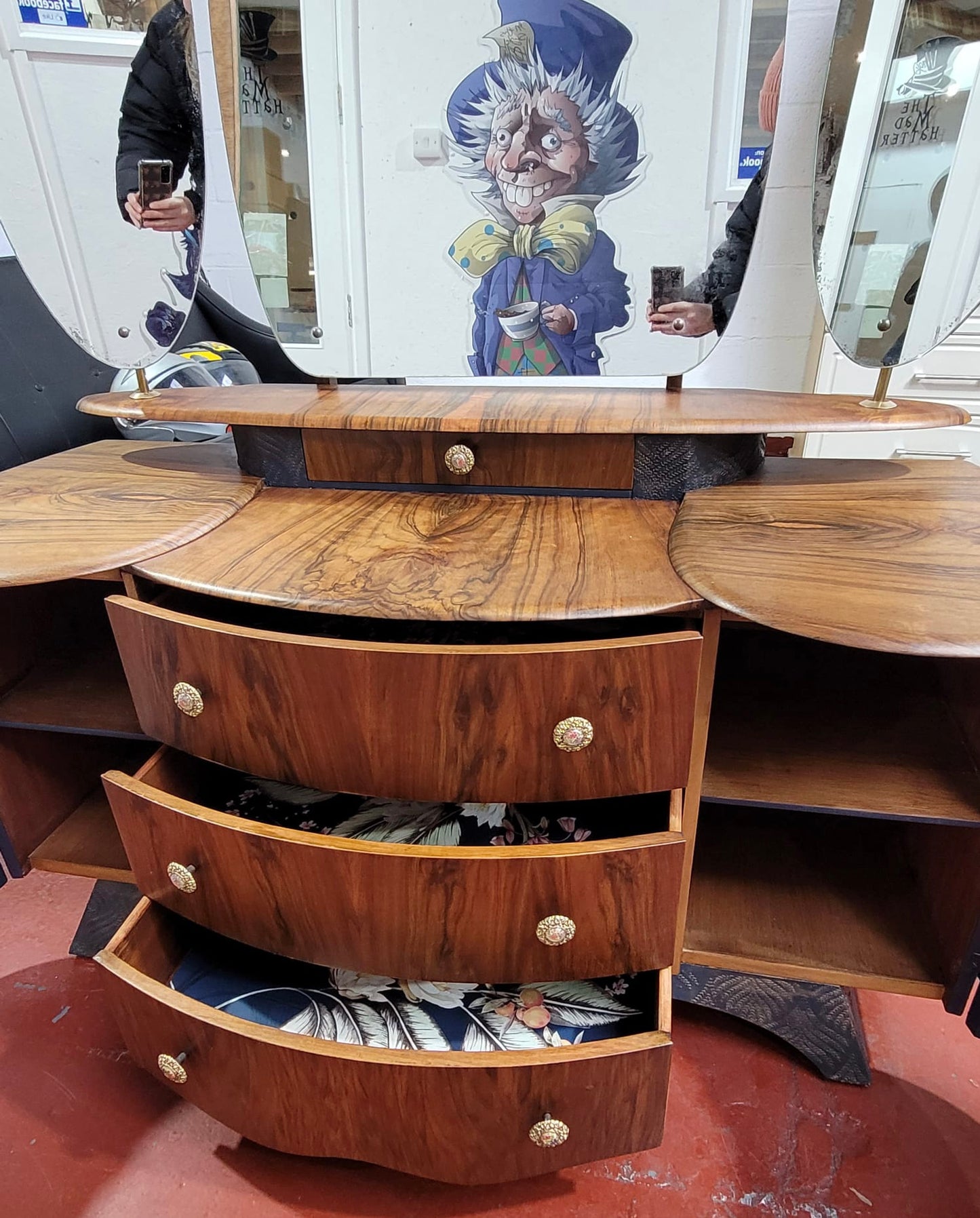 Matched Walnut Veneer Art Deco Upcycled Drinks Cabinet, Sideboard, dressing table