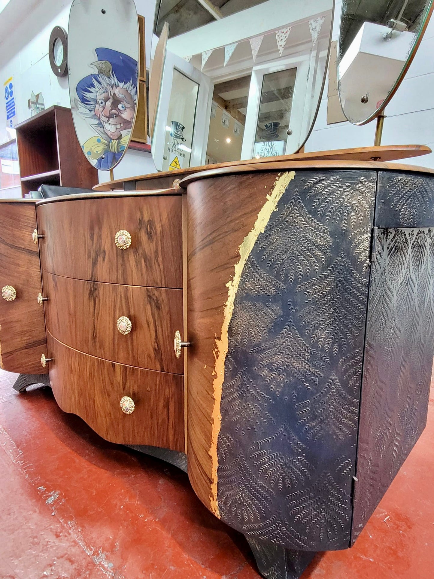 Matched Walnut Veneer Art Deco Upcycled Drinks Cabinet, Sideboard, dressing table